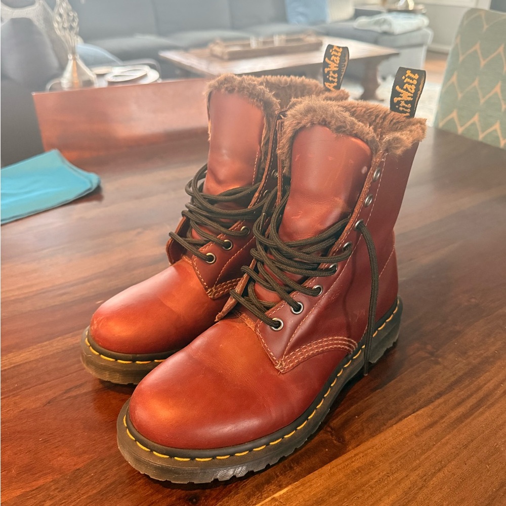 Dr. Martens Burgundy Leather Boots with Brown Fur Lining